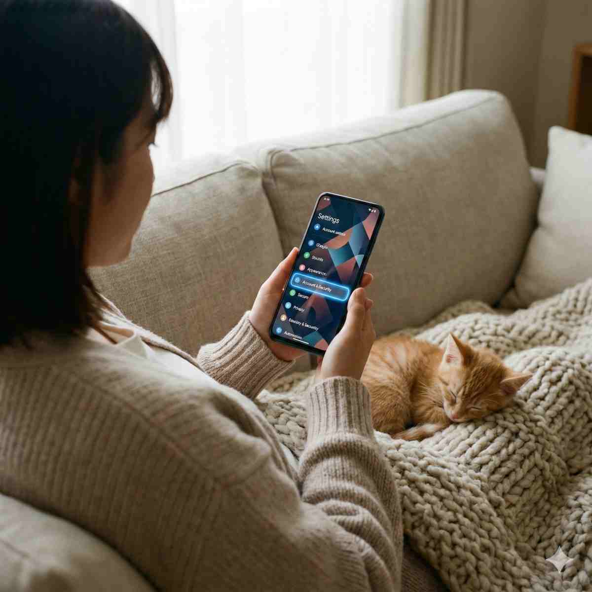 20代日本人女性がソファに座り、Androidスマートフォンを持っている。画面には「アカウントとセキュリティ」セクションがハイライトされた抽象的なAndroidスタイルの設定メニューが表示されている。子猫が彼女の隣の毛布の上で安らかに眠っている。リラックスした雰囲気。自然光。