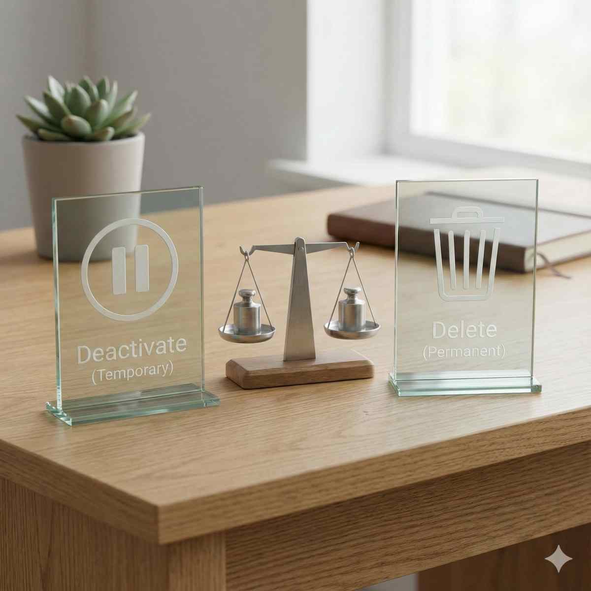 ミニマリストな机の上のコンセプチュアルな写真。2つの透明なガラスのプラークが並んでいる。一つには一時停止ボタンの抽象的なアイコンと「利用解除（一時的）」の文字、もう一つにはゴミ箱のアイコンと「削除（永久）」の文字がある。バランスの取れた天秤の比喩がさりげなく統合されている。特定のロゴは無し。自然光。