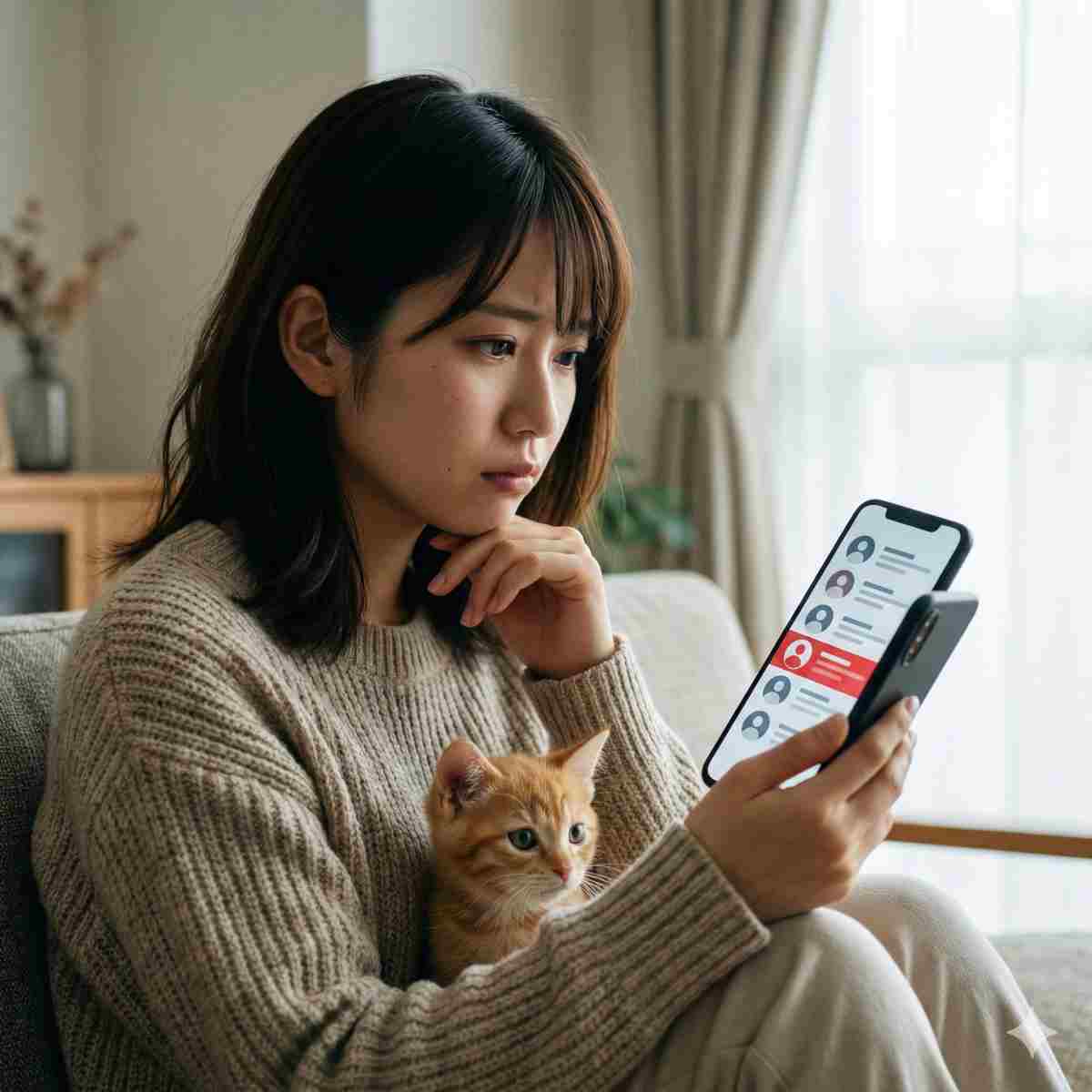思慮深く、少し心配そうな表情の20代日本人女性がスマートフォンを見ている。画面には複数の抽象的なプロフィールアイコンのリストが表示され、そのうちの1つが赤くハイライトされている。子猫が彼女の腕越しに心配そうに画面を覗き込んでいる。居心地の良い屋内の設定。自然光。