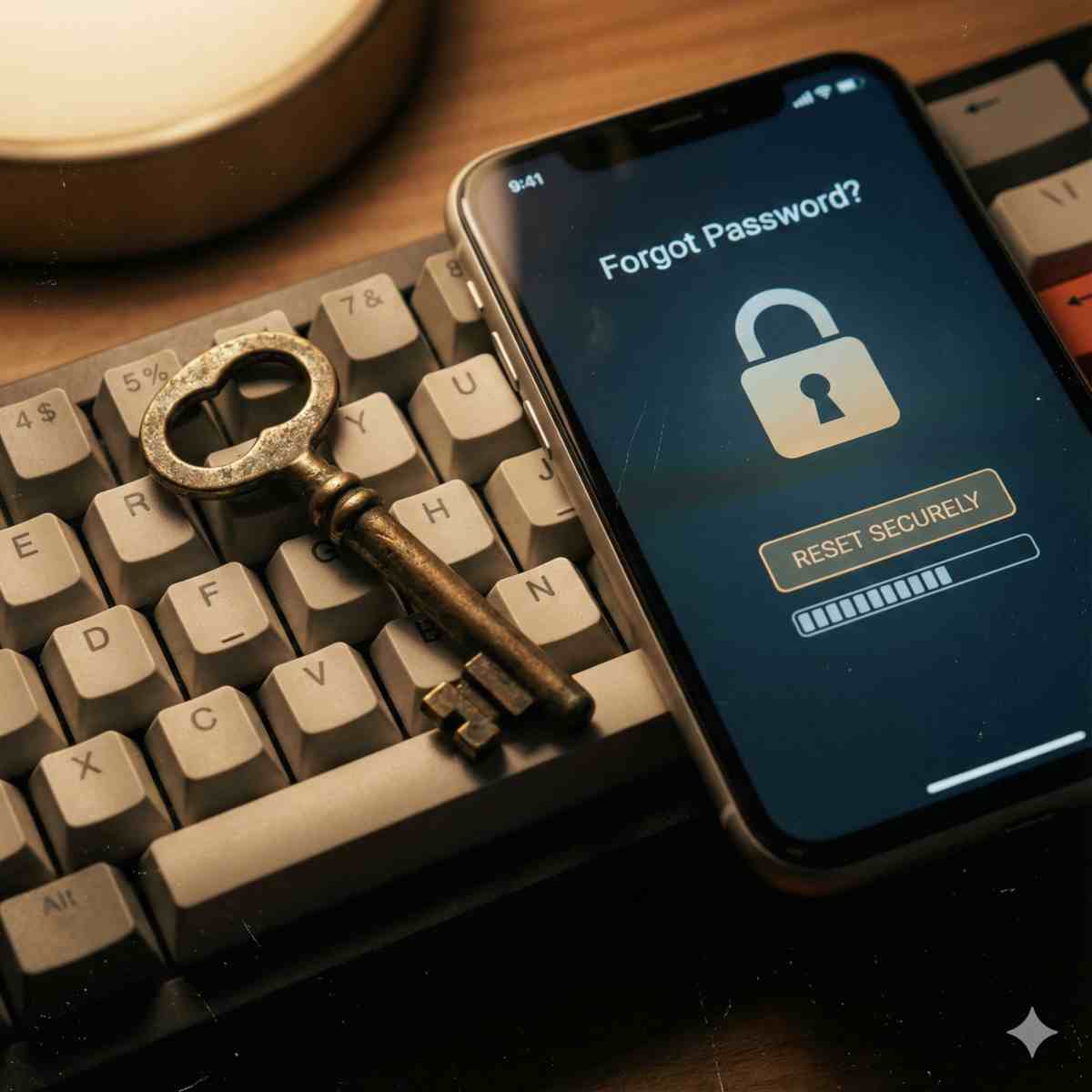 コンピュータのキーボードの上に置かれた古いヴィンテージキーのクローズアップ写真。その隣で、スマートフォンの画面が安全なロックアイコンが付いた抽象的な「パスワードをお忘れですか？」リセットインターフェースを表示している。特定のロゴは無し。柔らかくムーディーな照明。