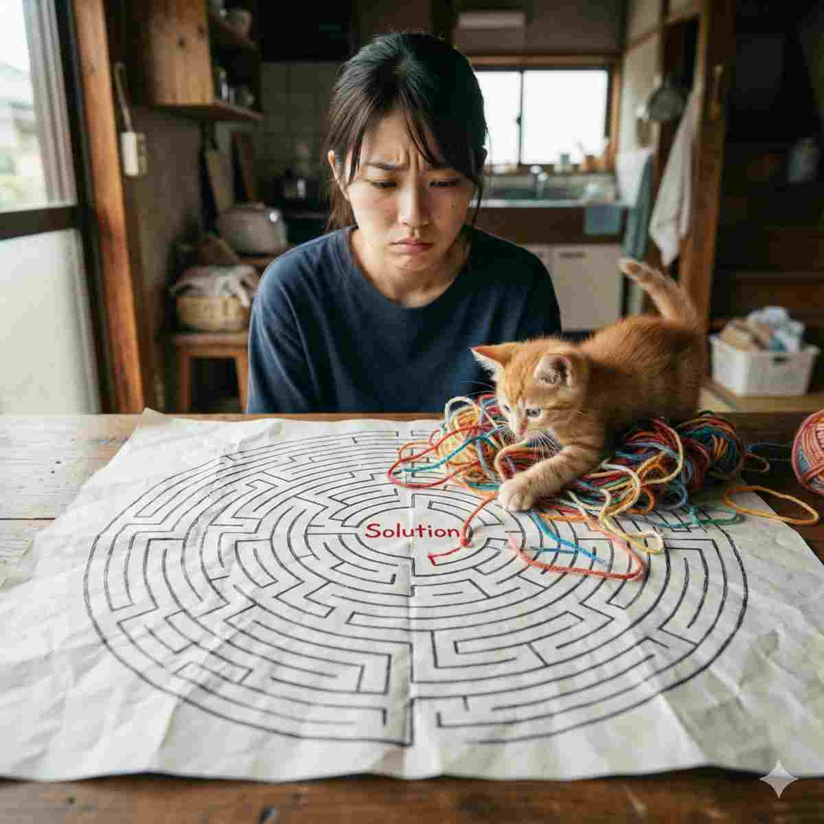 困った表情の20代日本人女性が、複雑な渦巻き迷路が描かれた紙を持っている。迷路の中心には「解決」のマークがある。遊び心のある子猫が迷路の紙の上で毛糸に絡まっている。ループに陥っていることの視覚的な比喩。自然光。