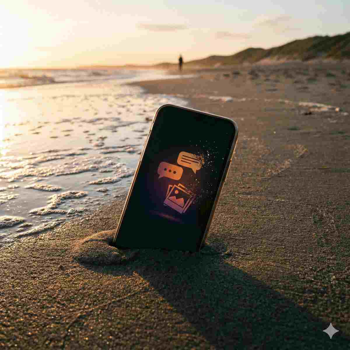 夕暮れ時の砂浜でのコンセプチュアルな写真。スマートフォンが砂に部分的に埋もれており、その画面は暗いが、メッセージバブルと写真のスタックの抽象的なアイコンが色あせて溶解しており、データが消えていくことを象徴している。メランコリックな雰囲気。暖かい夕日の光。