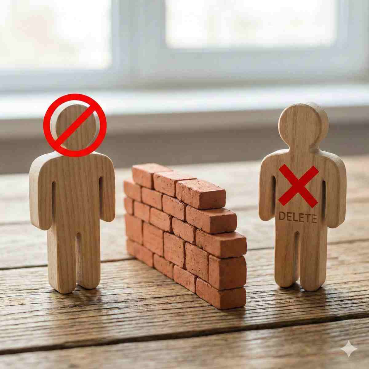 木製の表面上にある小さな構築されたレンガの壁によって隔てられた2つの抽象的な人物アイコンを示すコンセプチュアルな画像。一方の人物には「ブロック」の記号があり、もう一方には「削除」を示す大きな「X」マークがある。特定のロゴは無し。ニュートラルな照明。