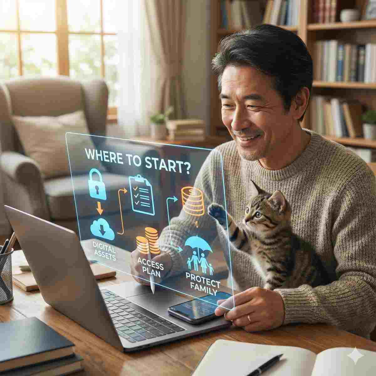50代の日本人男性が日当たりの良い書斎のデスクで、ノートパソコンとスマートフォンの上に浮かぶホログラムのインフォグラフィックを見ながら微笑んでいる、リアルで高品質な写真。小さなキジトラの子猫がホログラムのアイコンにじゃれついている。ホログラムは「どこから始める？」「デジタル資産」「アクセス計画」「家族を守る」という文字と、鍵、クラウド、チェックリスト、お金、家族のアイコンが矢印でつながったフローチャートを示している。