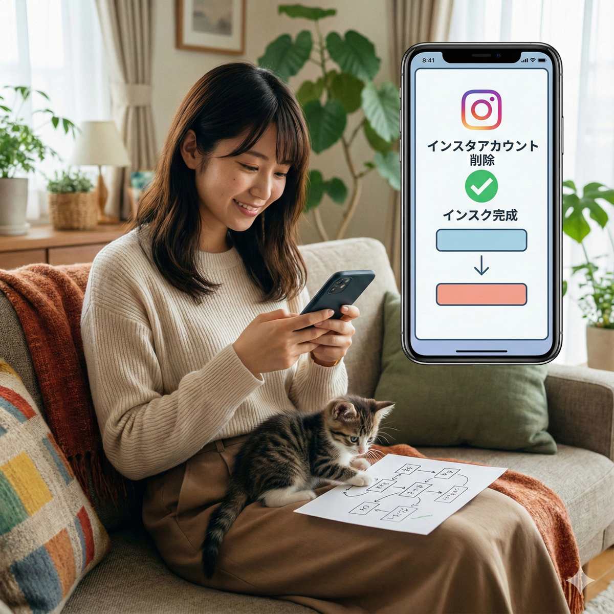 ソファに座ってスマートフォンを見ている若い女性。彼女は微笑んでおり、膝の上には小さな縞模様の子猫が、何か書かれた紙の上で遊んでいる。スマートフォンの画面にはInstagramのロゴがあり、「インスタアカウント削除」が完了したことを示す緑色のチェックマークと「インスク完成」というテキストが表示されている。部屋は明るいリビングルームで、観葉植物が飾られている。