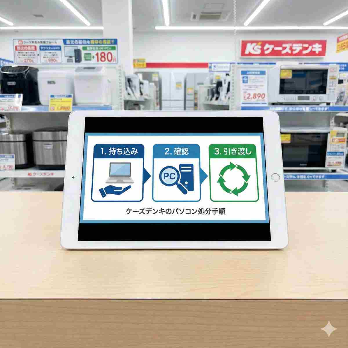 ケーズデンキの店舗カウンターに置かれた清潔なタブレット画面に表示されたインフォグラフィックのフローチャート。画面には3つのステップがアイコン付きで示されている：1. 持ち込み（ノートパソコンを持つ手）、2. 確認（PC上の虫眼鏡）、3. 引き渡し（リサイクル矢印）。明るく清潔な店内背景、人物の顔は見えない。