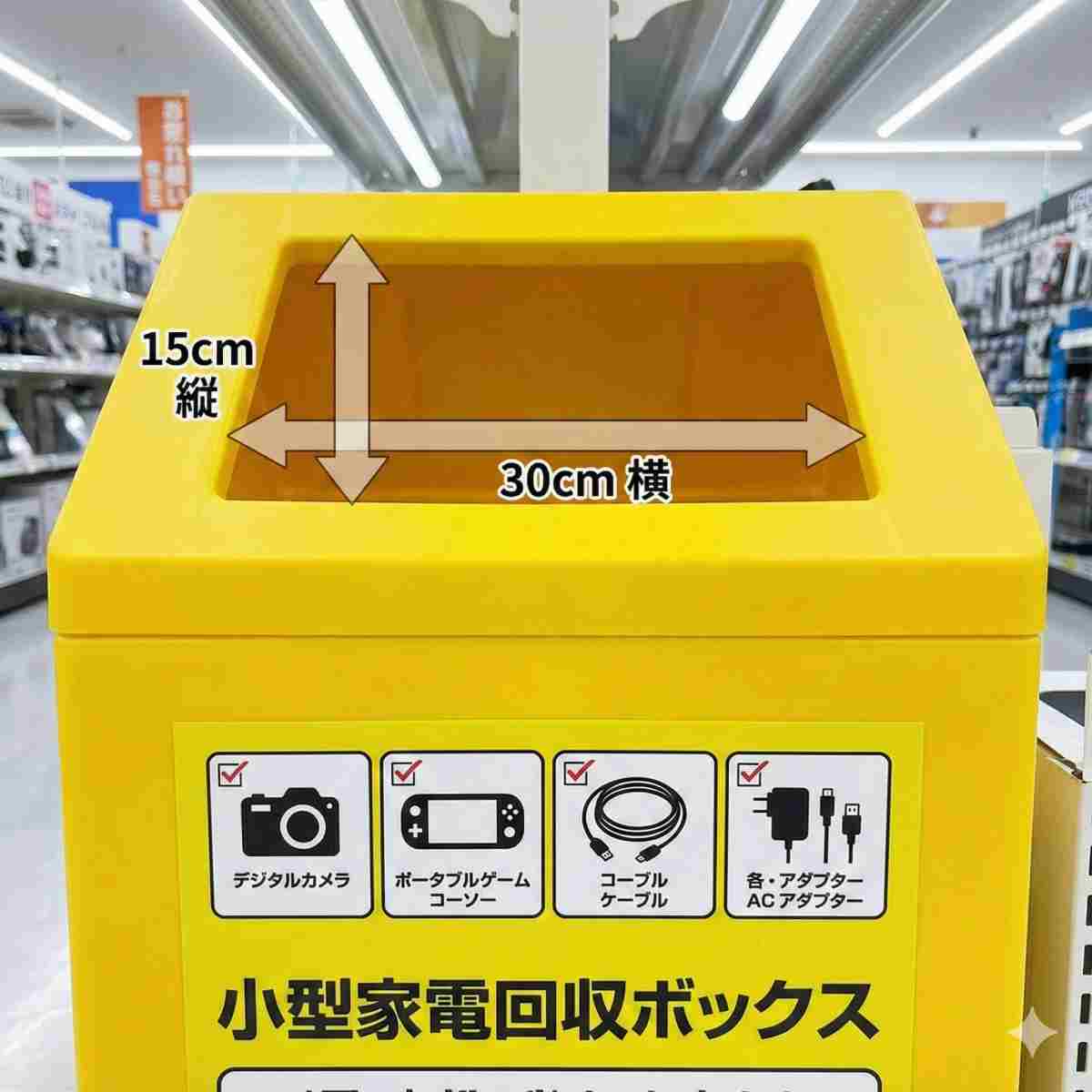 明るい店内にある黄色い小型家電回収ボックスのクローズアップ写真。投入口の上に寸法線と測定値が重ねて表示されている。ボックスに付属するインフォグラフィックパネルには、投入可能なアイテム（デジタルカメラ、ゲーム機、ケーブル、ACアダプター）がイラストで示されている。「小型家電回収ボックス」の日本語テキストが見える。