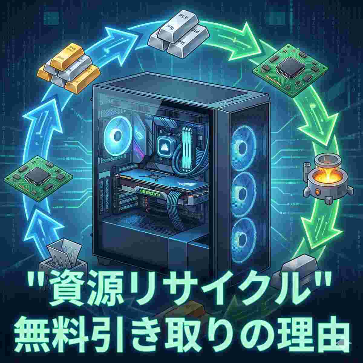 内部コンポーネントが見える透明なサイドパネルを持つ自作デスクトップPCタワーの概念的なイラスト。PCの周囲には、レアメタル、基板、材料リサイクルプロセスのアイコンを指し示す、光るインフォグラフィックの矢印がサイクルを形成している。テキストオーバーレイ：「資源リサイクル」と「無料引き取りの理由」。