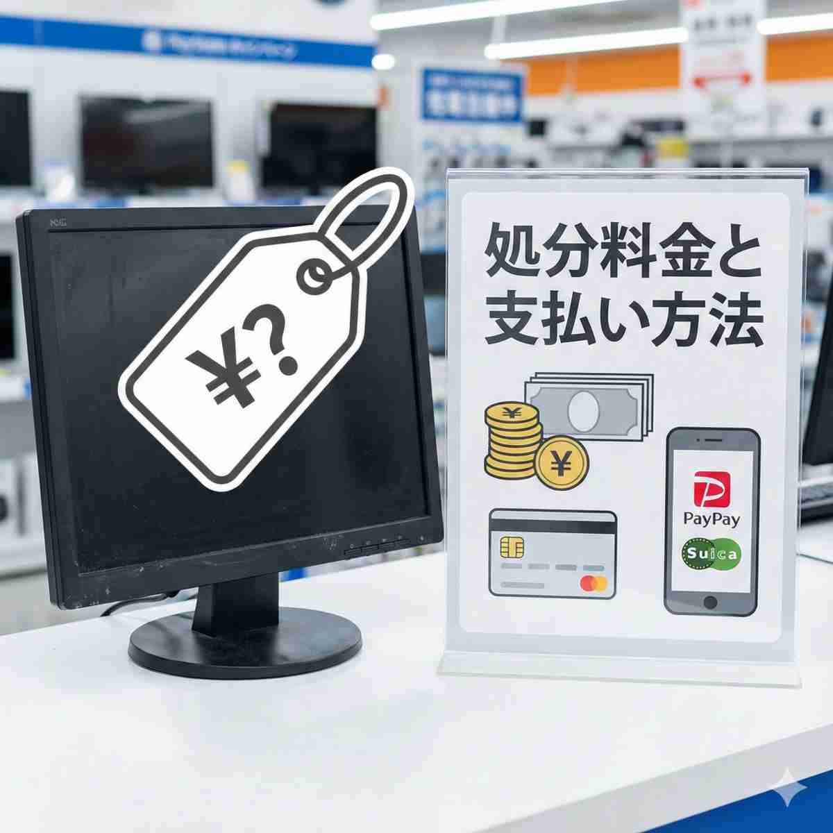 カウンターに置かれた液晶モニターに、料金を示すグラフィックの値札アイコンが付けられている。その隣には、様々な支払い方法のアイコンを示すインフォグラフィックディスプレイがある：積み上げられた現金コイン、ICチップ付きクレジットカード、デジタル決済アプリのロゴを表示するスマートフォン。テキスト「処分料金と支払い方法」。