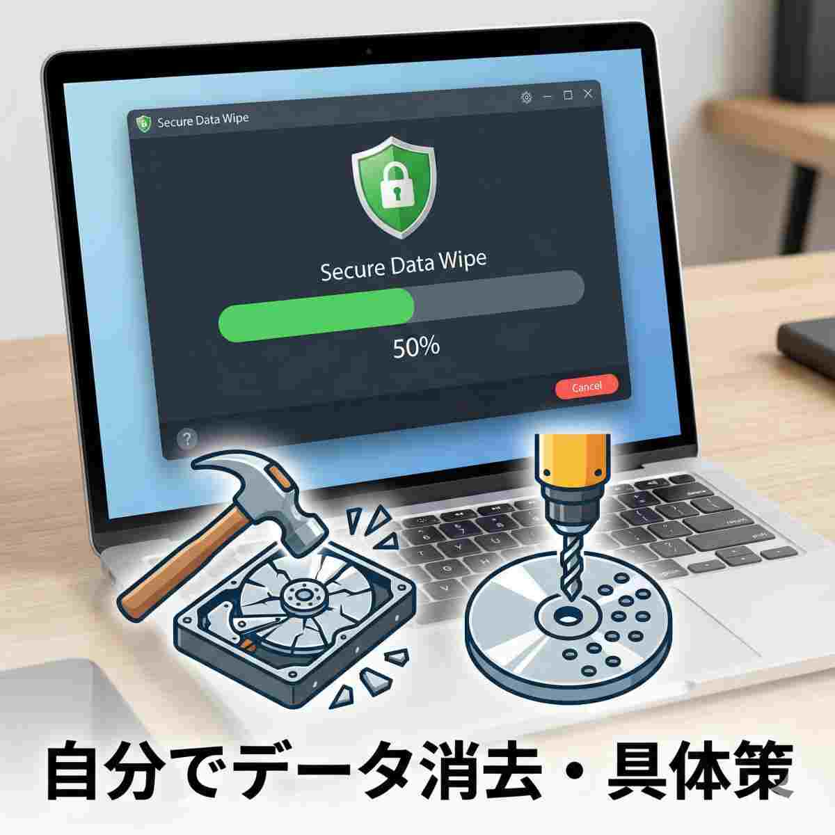 データ消去ソフトウェアのインターフェースを表示し、進行状況バーが50％で盾のアイコンがあるノートパソコンの画面。前景には、破壊のためのツールを示す物理的なインフォグラフィックアイコンがある：ハードドライブを粉砕するハンマーと、ディスクプラッターに穴を開けるドリル。テキスト「自分でデータ消去・具体策」。