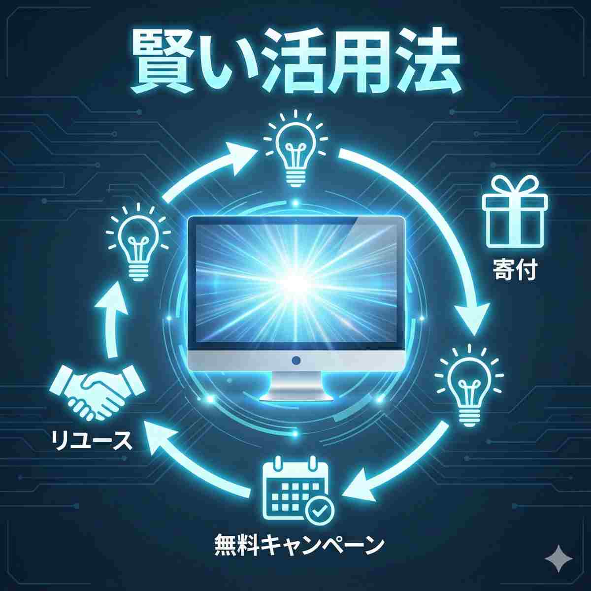 輝く液晶モニターが中心にある。その周囲には、複数の光る電球アイコンが矢印で異なる経路に接続されたインフォグラフィックコンセプトがある：握手をしている「リユース」アイコン、ギフトボックスのある「寄付」アイコン、カレンダーの「無料キャンペーン」アイコン。テキスト「賢い活用法」。