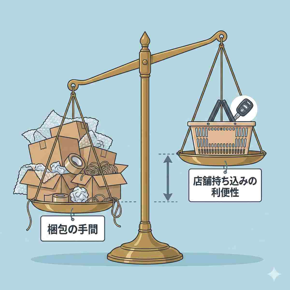 概念的な天秤のインフォグラフィック。左の皿は、「梱包の手間」とラベル付けされた段ボール、テープ、プチプチの雑然とした山によって重く沈んでいる。右の皿は、「店舗持ち込みの利便性」とラベル付けされた清潔な買い物かごと車のキーのアイコンで高く持ち上がっている。