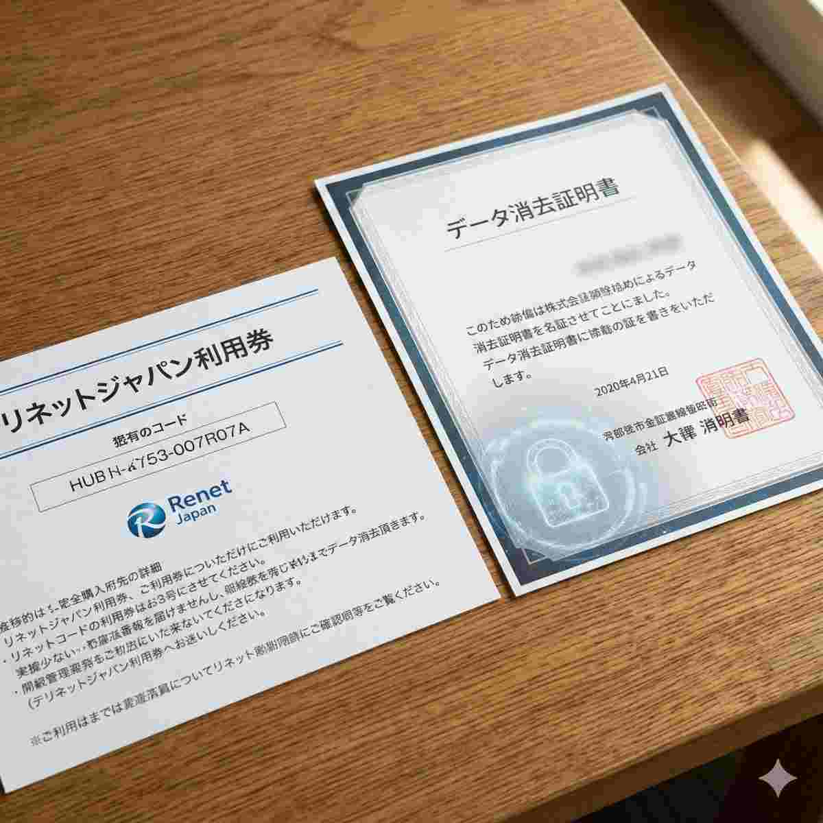 木製の机の上に広げられた重要な書類のクローズアップ写真。1つの書類は「リネットジャパン利用券」というタイトルのバウチャーで、もう1つは公式の印章がある「データ消去証明書」というタイトルの正式な証明書。証明書のデザインには、デジタルロックのアイコンがさりげなく統合されている。
