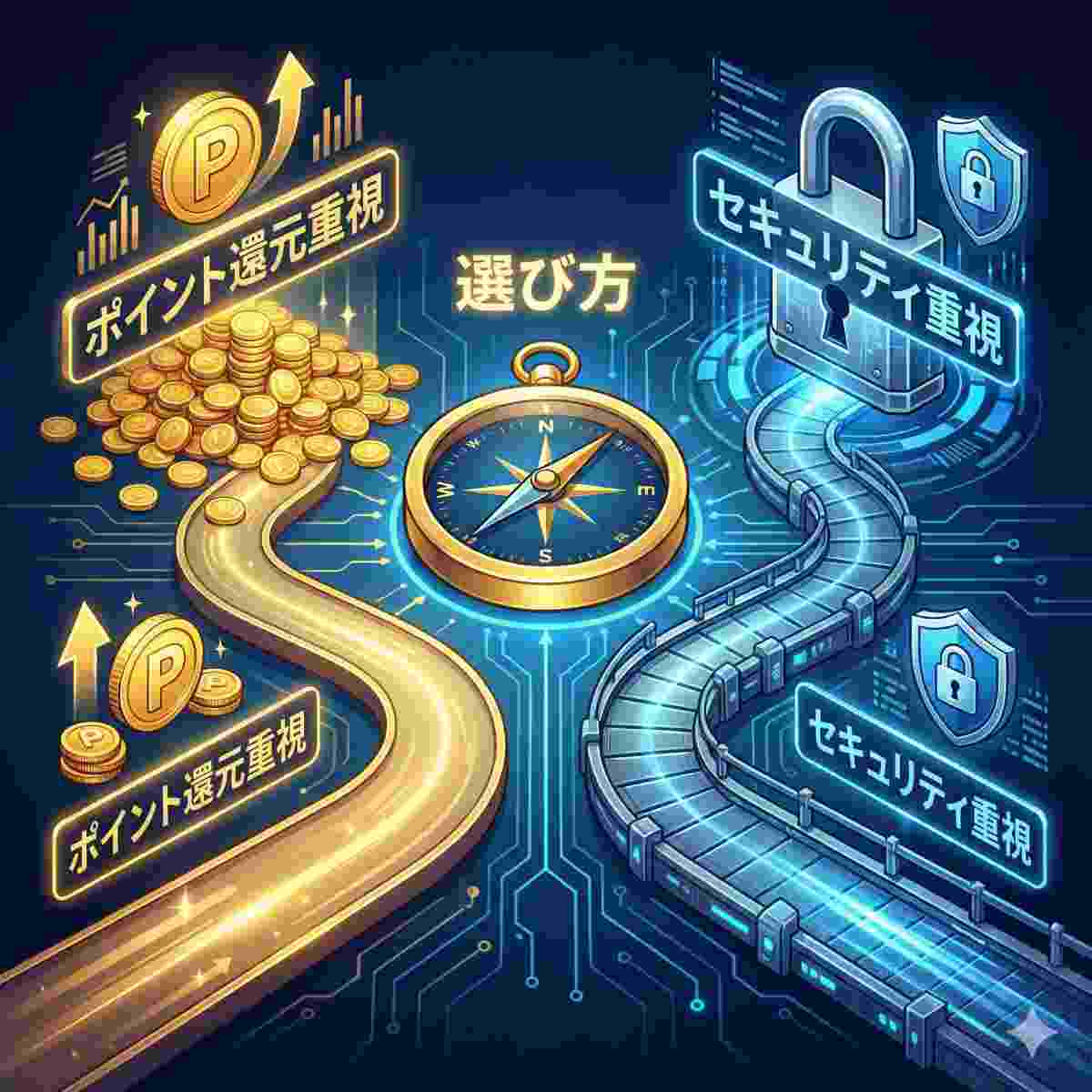 分岐する道を示すインフォグラフィック。左の道は、金貨の山とポイント報酬アイコンにつながり、「ポイント還元重視」のテキストがある。右の道は、大きな南京錠とデータシールドアイコンにつながり、「セキュリティ重視」のテキストがある。中央のコンパスアイコンには「選び方」とある。 },