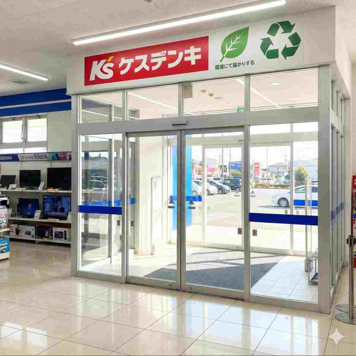 ケーズデンキ店舗の明るく清潔な出口入口。自動ドアの上には、ケーズデンキのロゴとともに、葉とリサイクル記号の緑色のインフォグラフィックアイコンがあり、環境への貢献と処分プロセスの完了を暗示している。日光が差し込んでいる。特定の人物はいない。