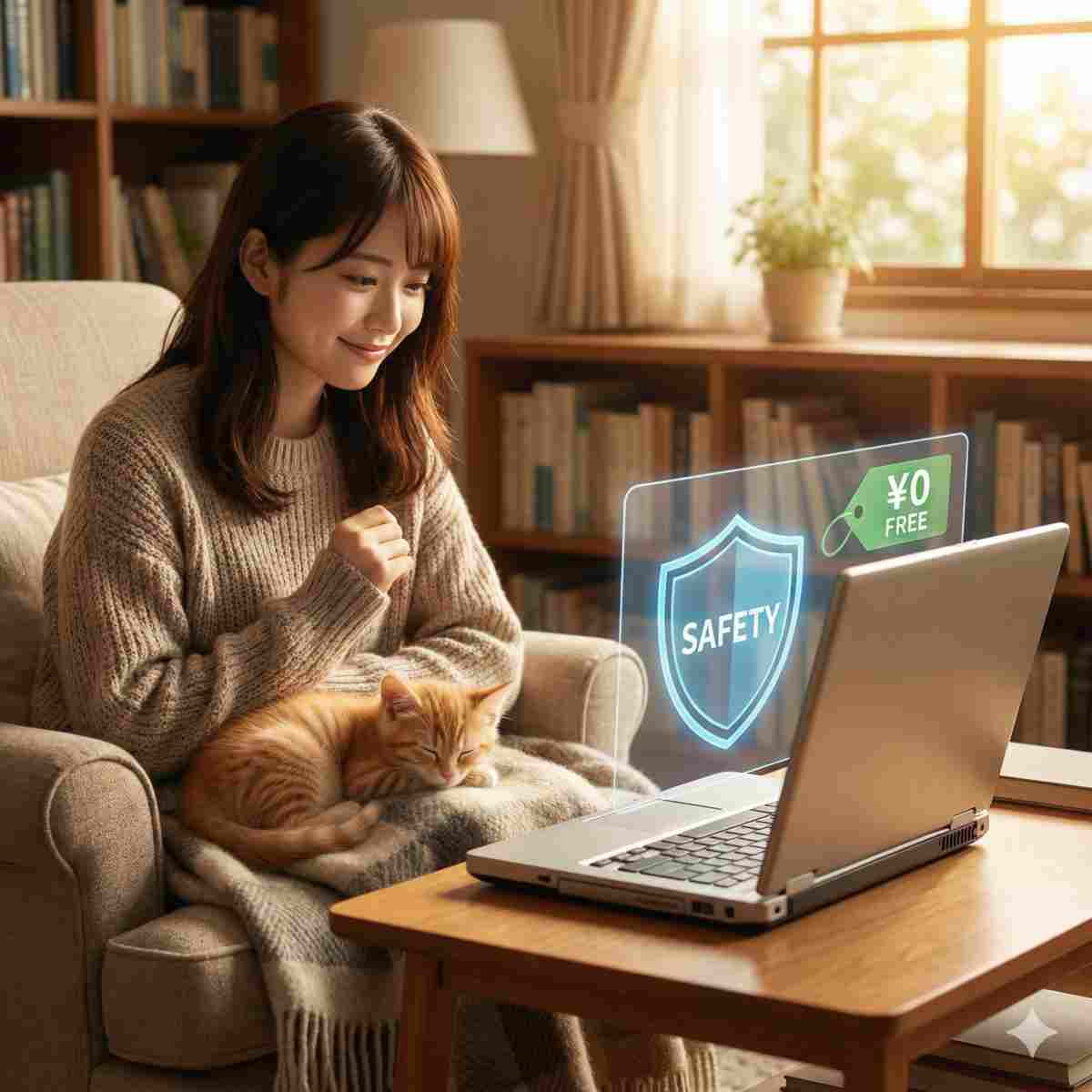 居心地の良いリビングルームで、古いノートパソコンの横で眠るかわいい子猫。安全を示す盾のアイコンと「無料」のタグが付いたインフォグラフィックが重なっている。温かい照明。