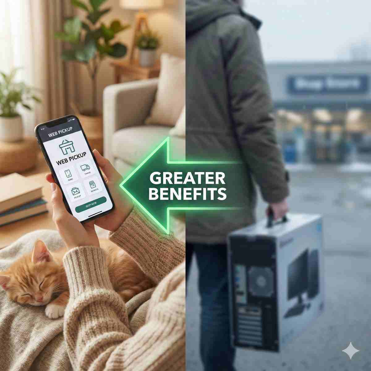 インフォグラフィック比較写真。画面を分割し、左側は自宅でリラックスしてスマホでWeb回収を申し込む様子（子猫付き）、右側は重いPCを持って遠くの店舗へ向かうぼやけた姿。左を指す大きな矢印が「メリット大」を示している。