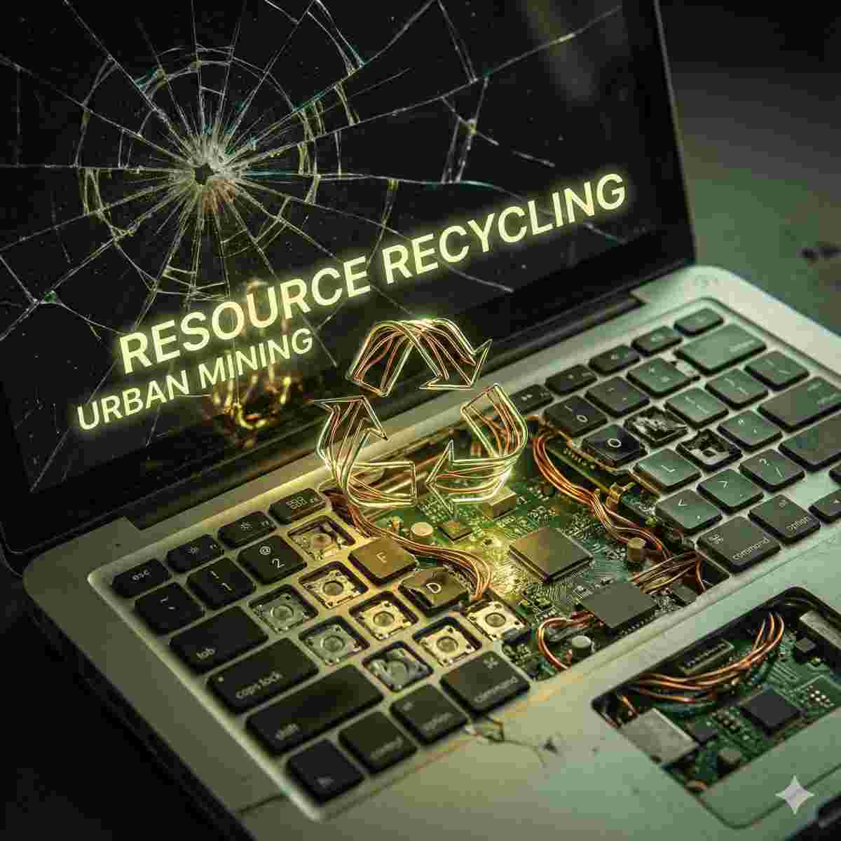画面が割れキーが欠損した壊れたノートPCのクローズアップ写真。内部の基板や銅線が金属的に輝き、「資源リサイクル」「都市鉱山」を象徴している。リサイクル記号がさりげなく統合されている。