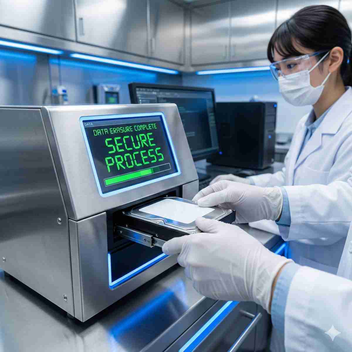 安全でクリーンなハイテク施設内。専用のデータ消去装置に挿入されたハードディスクのクローズアップ。画面には「データ消去完了」「安全なプロセス」という表示が緑色で示されている。手袋をした技術者の手。
