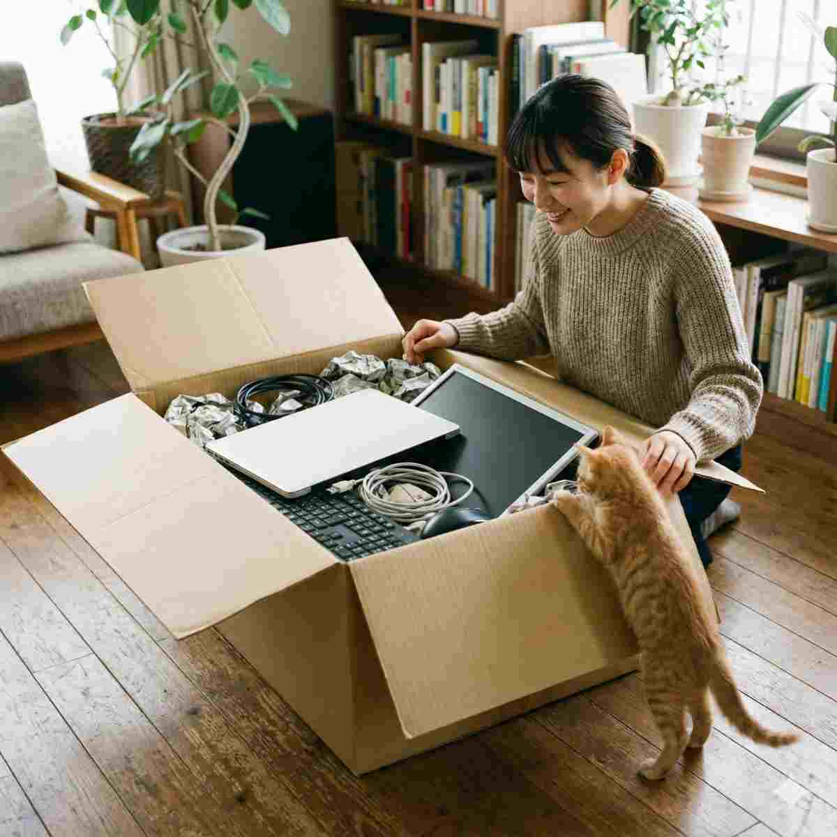 発送用にきれいに梱包された大きなダンボール箱。中には古いノートPC、液晶モニター、キーボード、マウス、ケーブルなどが詰められている。好奇心旺盛な子猫が箱の中を覗き込んでいる。
