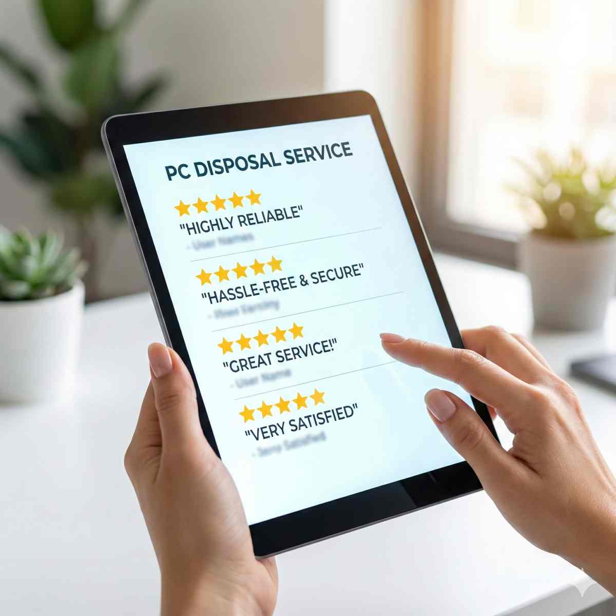 PC処分サービスに対する多数の肯定的なユーザーレビューと5つ星評価を表示しているタブレット画面。「信頼性が高い」「手間なし＆安全」といったコメントが見える。明るくきれいな部屋で手がそれを持っている。