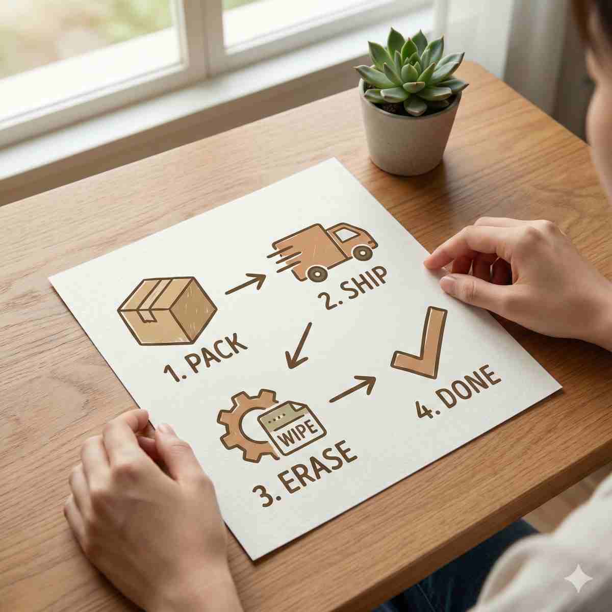 PC処分の手順を示す明確なインフォグラフィックフローチャート。「1. 梱包」（箱アイコン）→「2. 発送」（トラックアイコン）→「3. 消去」（歯車アイコン）→「4. 完了」（チェックアイコン）。木製のテーブルの上に置かれ、小さな植物が添えられている。