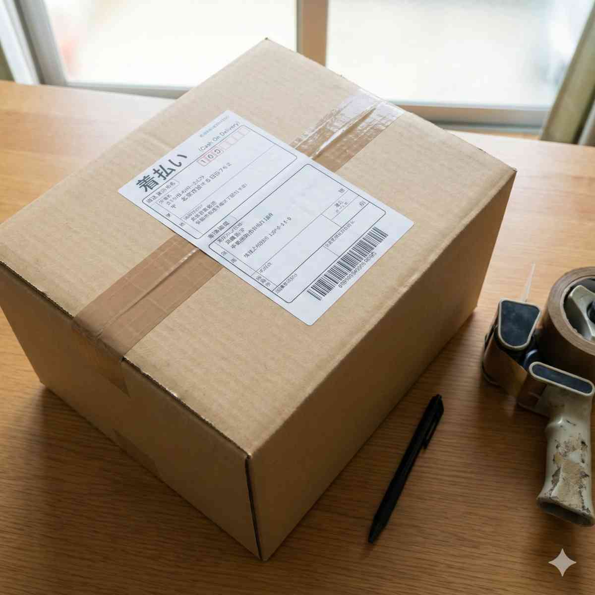 発送準備が整った封印されたダンボール箱のクローズアップ写真。上面には「着払い」と明記された日本の配送伝票が貼られている。テーブルの上にはペンとテープカッターが置かれている。