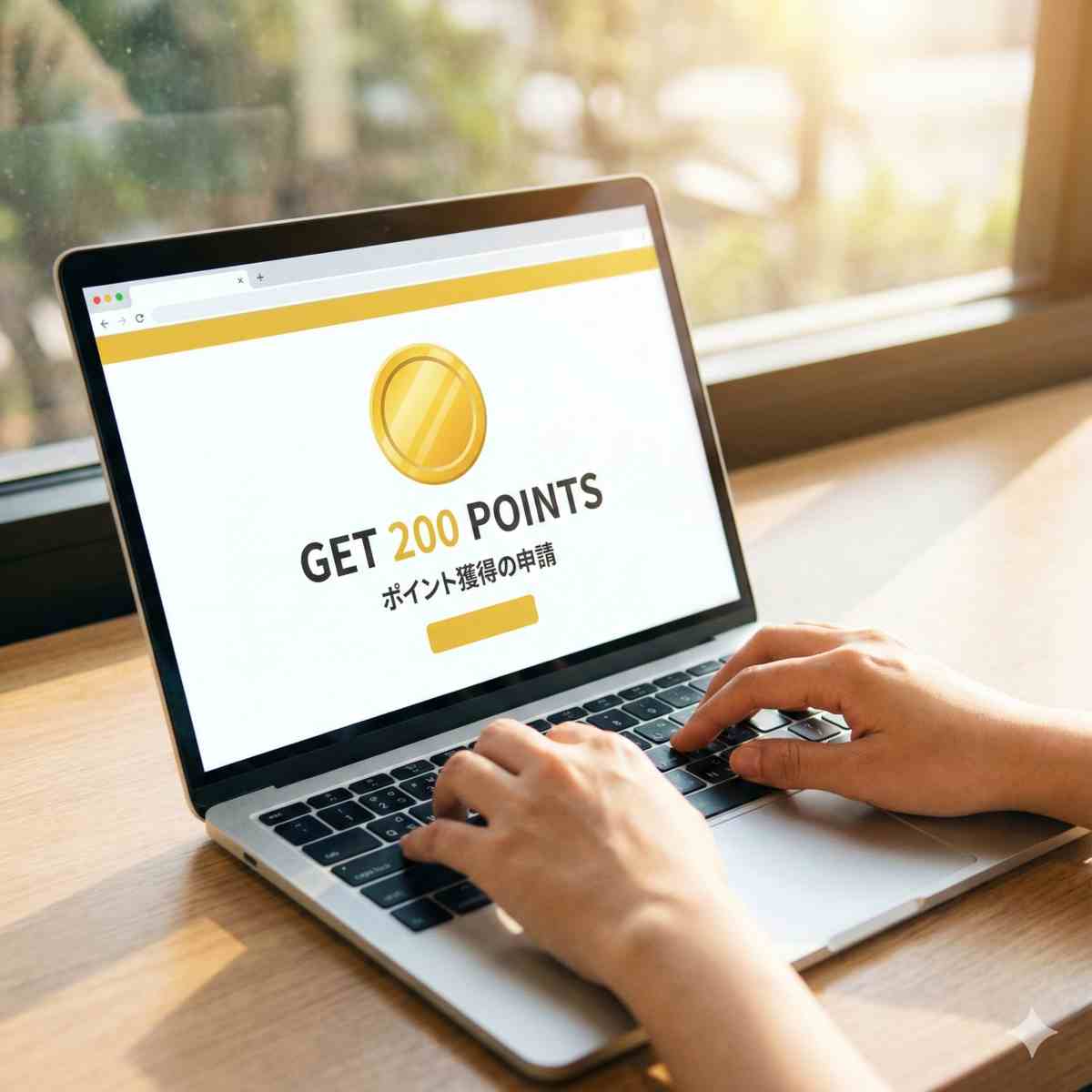 ポイント申請のウェブページを表示しているノートPCの画面。ポイントの大きなアイコンと「200ポイントGET」というテキストがはっきりと見える。キーボードの上に手がある。明るく前向きな雰囲気。