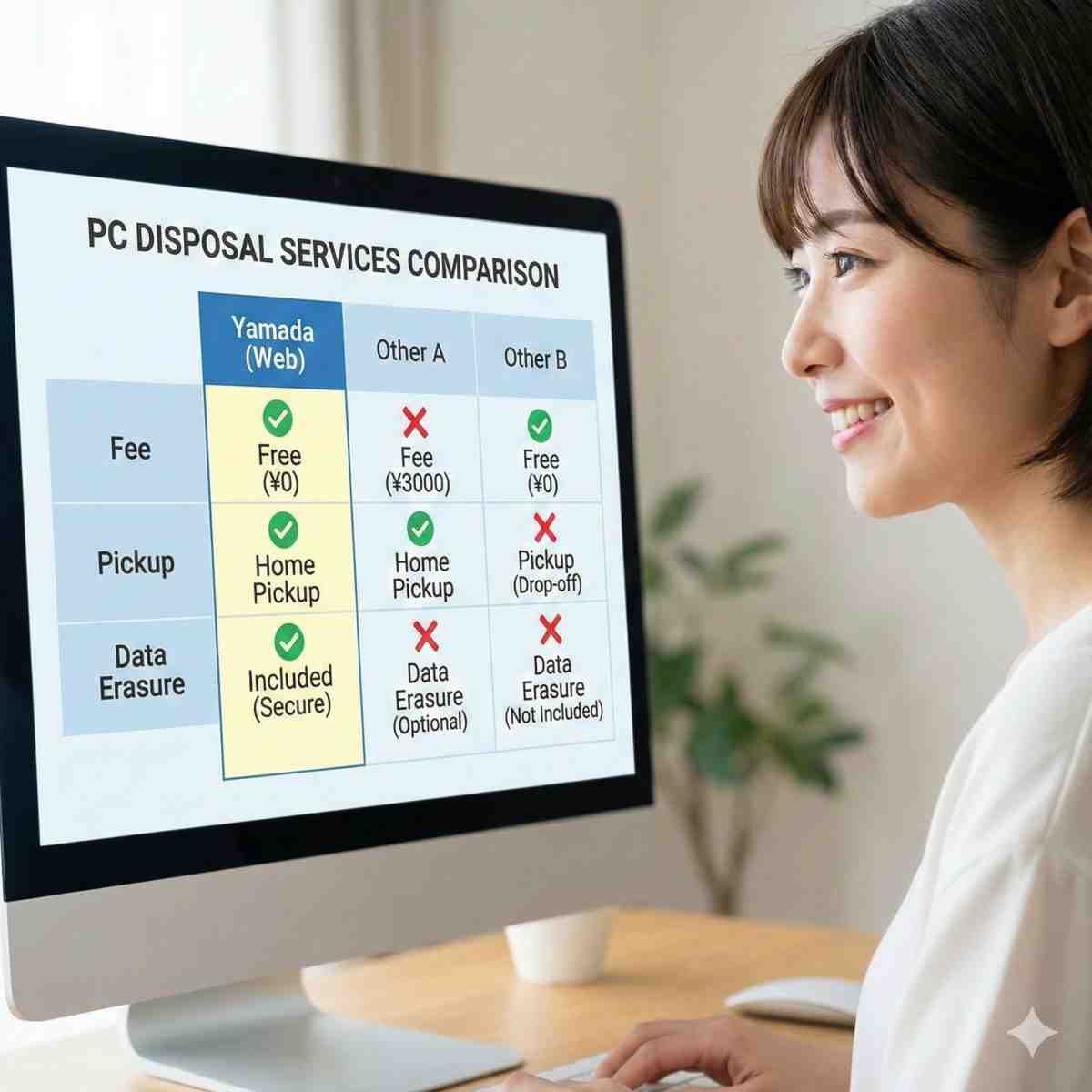 モニターに表示された3つのPC処分サービスの比較インフォグラフィック表。「ヤマダ（Web）」「他社A」「他社B」の列。「料金」「回収」「データ消去」の行。ヤマダの列には「無料」「自宅回収」「込み」に緑のチェックが入っており、他社はチェックとバツが混在している。