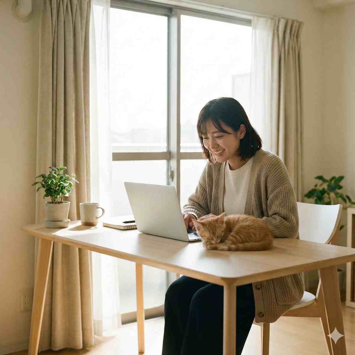 窓から明るい自然光が差し込む、整理整頓されたホームオフィスのデスク。新しいスリムなノートPCが置かれている。デスクの上では子猫が安らかに眠っており、新たな始まりと心の平穏を象徴している。