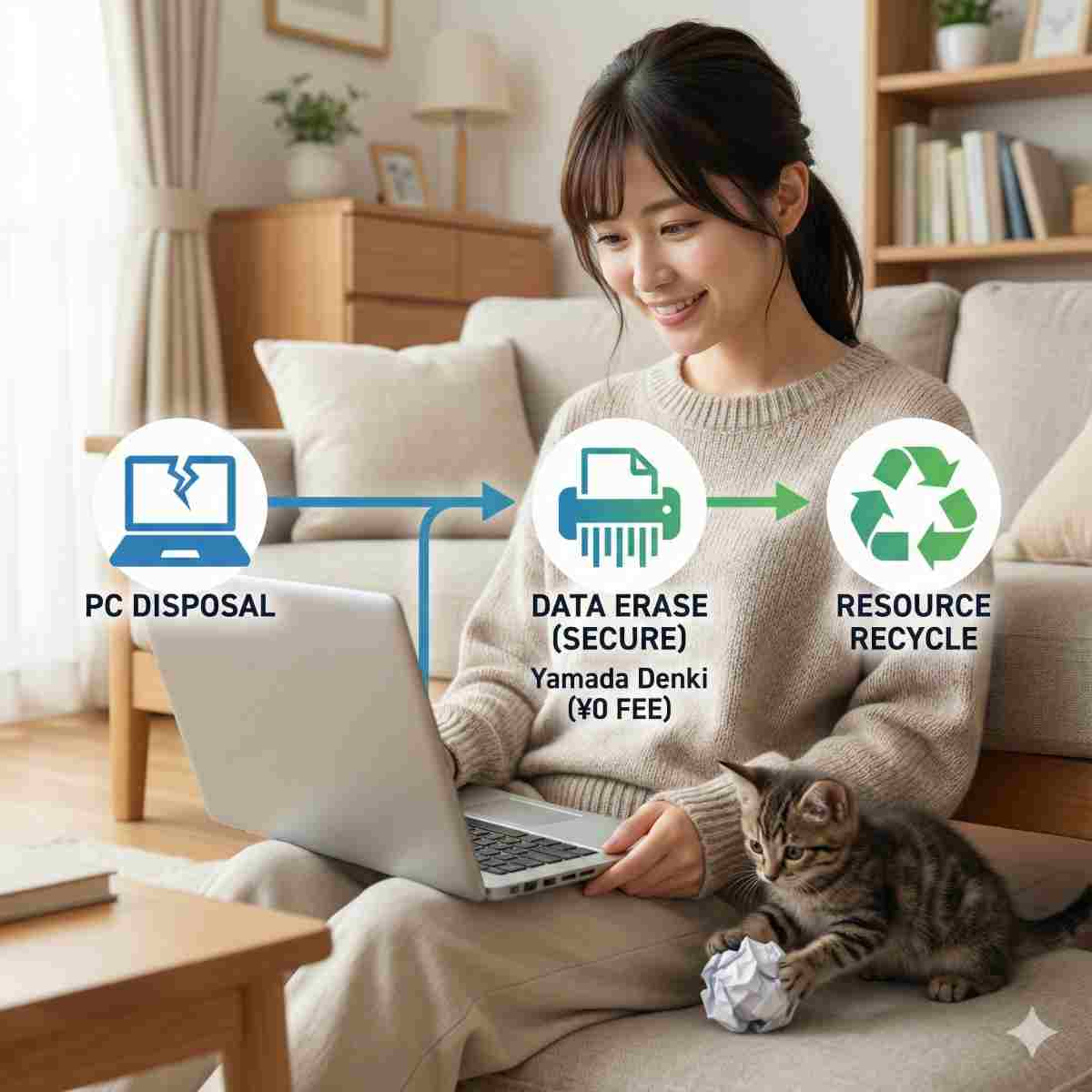 リビングで子猫の隣に座り、笑顔でノートパソコンを見ている若い女性の画像。画像の中央には、ヤマダデンキによる「PC処分（無料）」、「データ消去（安全）」、「資源リサイクル」という一連の流れを示すインフォグラフィックがオーバーレイされています。