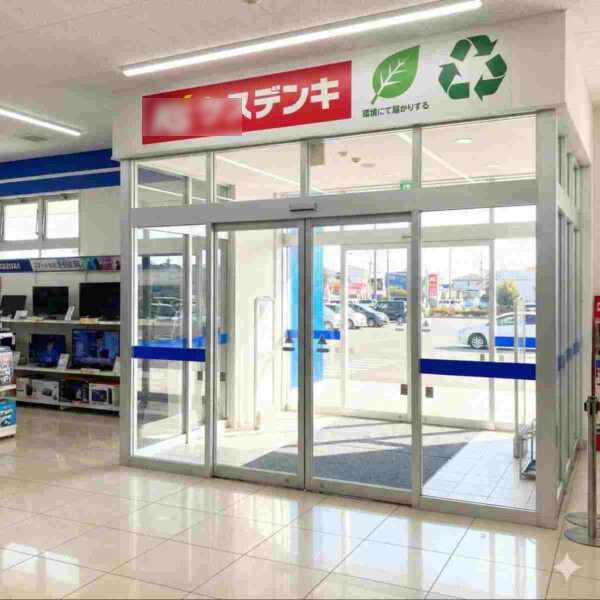 ケーズデンキ店舗の明るく清潔な出口入口。自動ドアの上には、ケーズデンキのロゴとともに、葉とリサイクル記号の緑色のインフォグラフィックアイコンがあり、環境への貢献と処分プロセスの完了を暗示している。日光が差し込んでいる。特定の人物はいない。