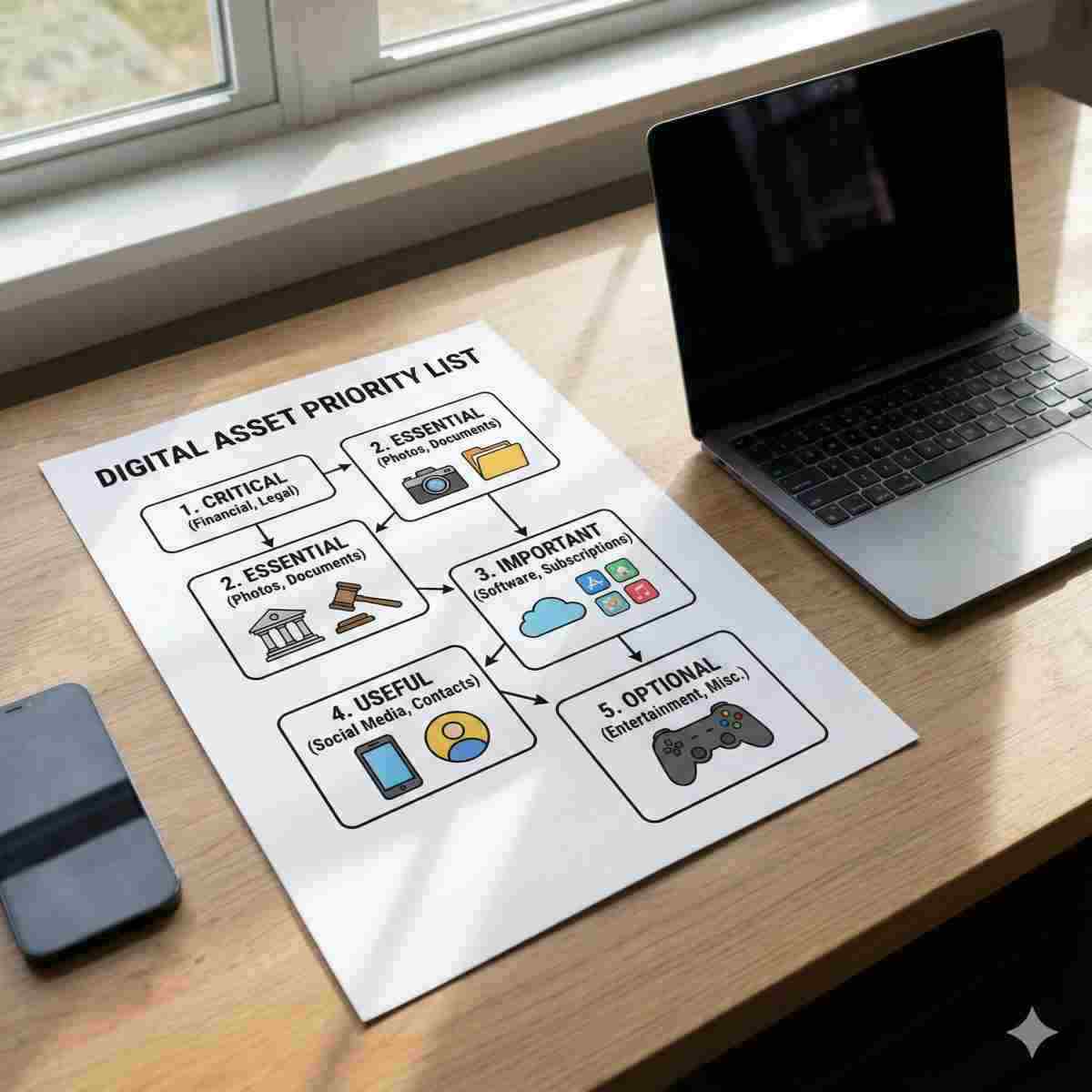スマホとパソコンの整理の優先順位を示すインフォグラフィックとデジタルデバイス