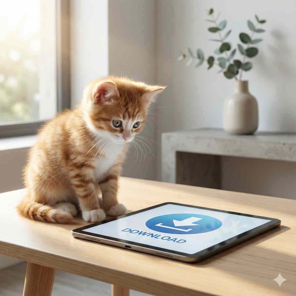 タブレットに表示されたダウンロードボタンを興味深そうに眺める子猫