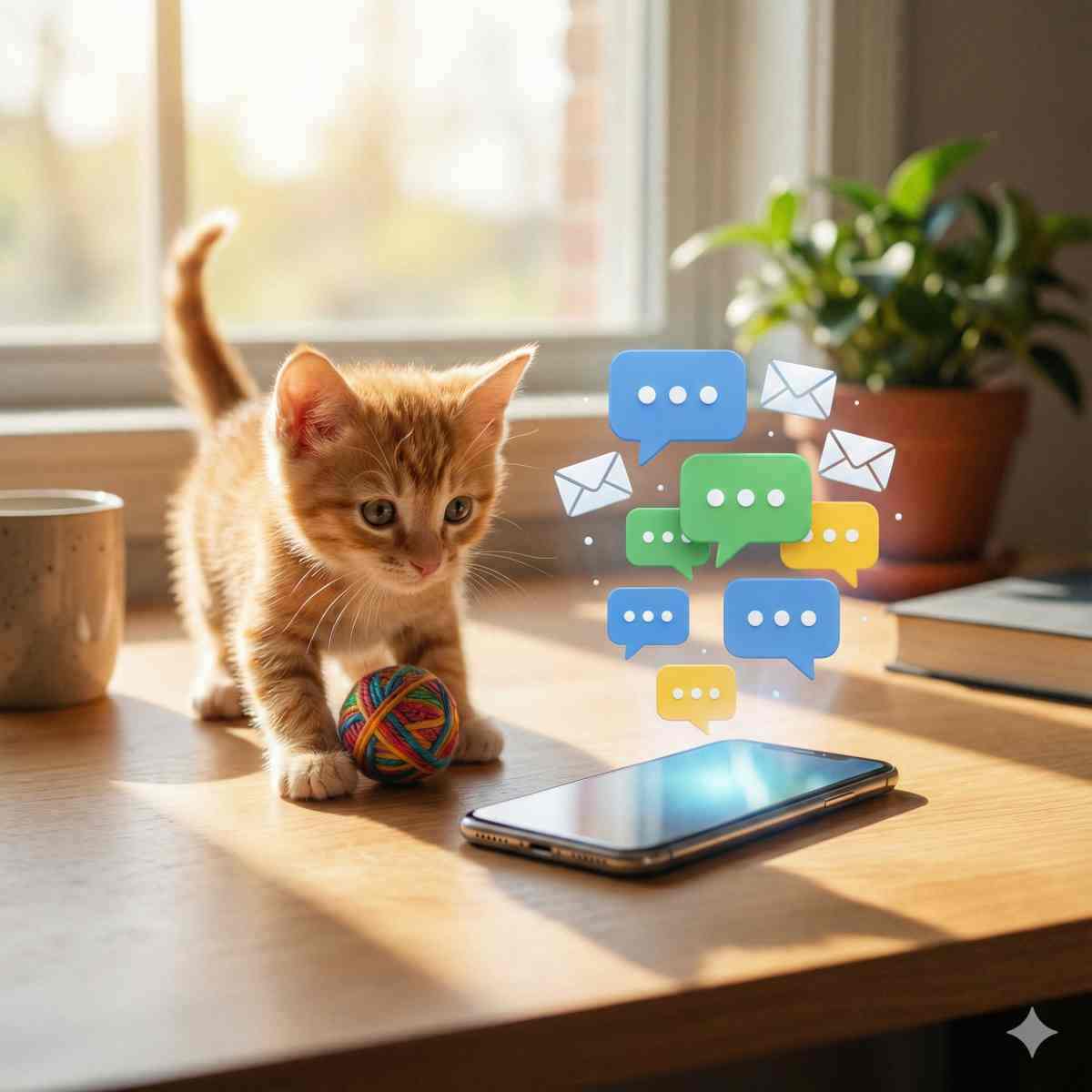 SNSやメールのアカウント整理をイメージしたアイコン群と遊ぶ子猫