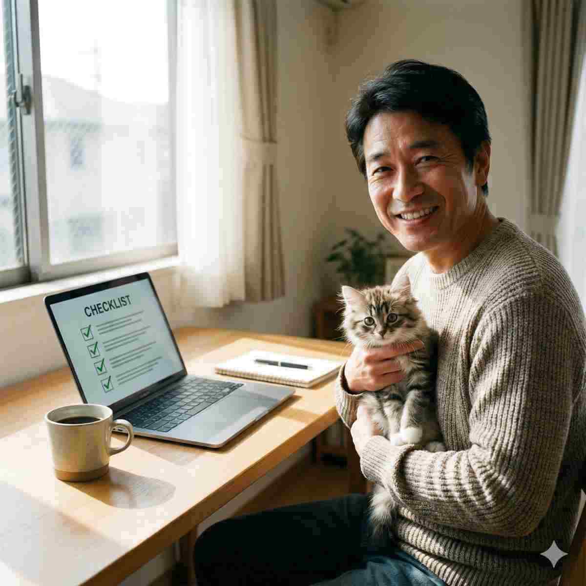 チェックリストを準備して安心した表情の50代日本人男性と抱えられた子猫