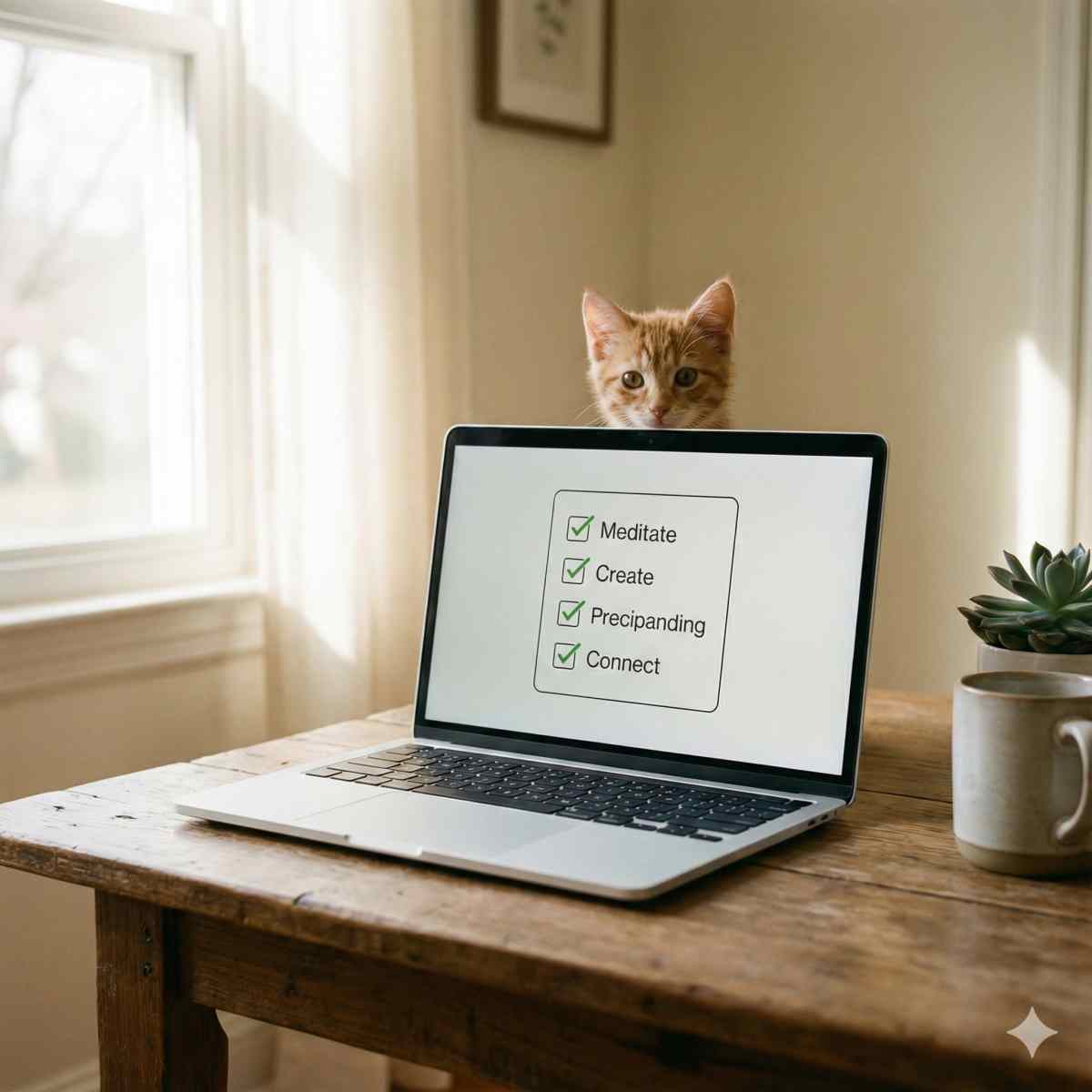 パソコンの画面に表示されたチェックリストとそれを見つめる子猫