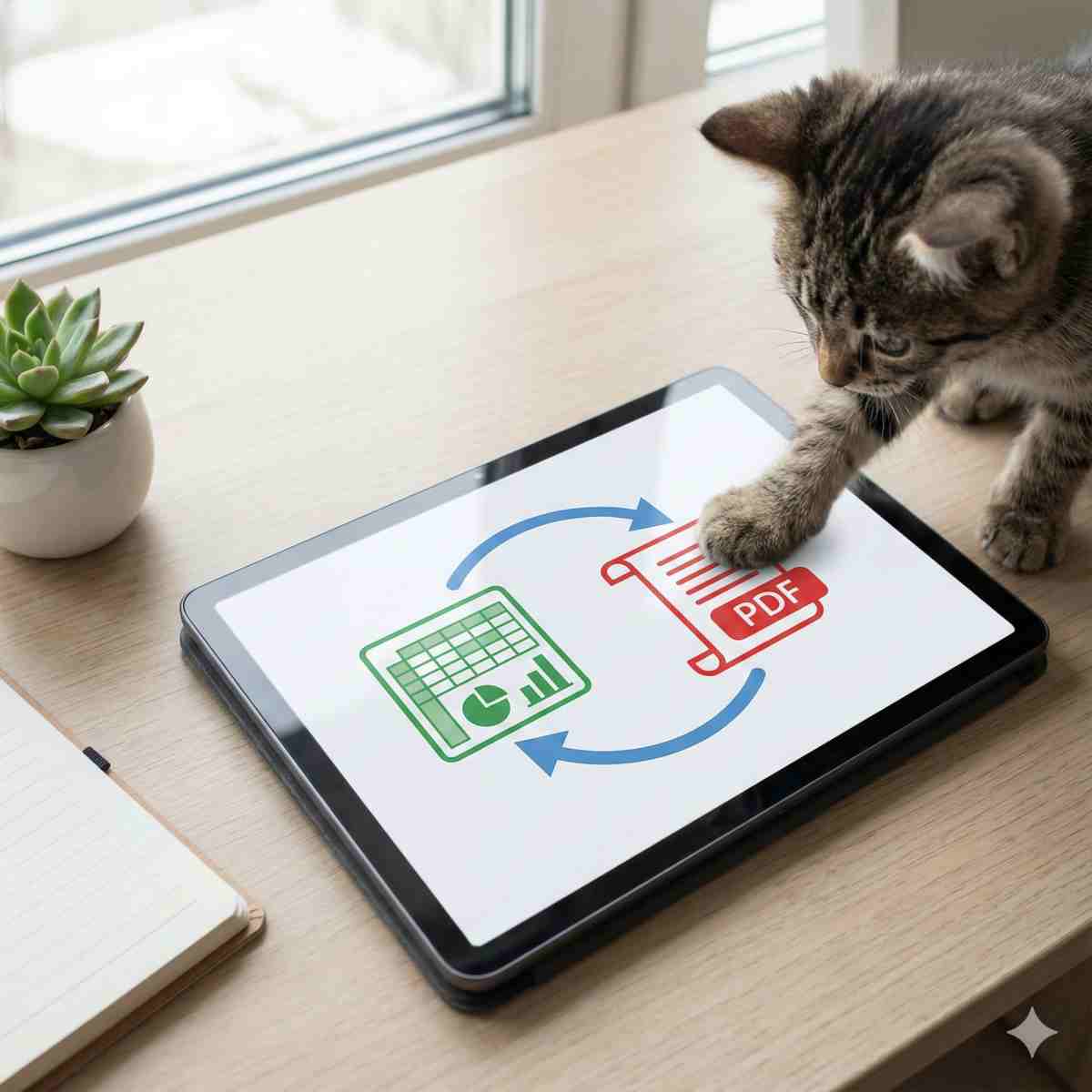 エクセルとPDFのアイコンが並ぶデジタル端末と画面に触れる子猫の手