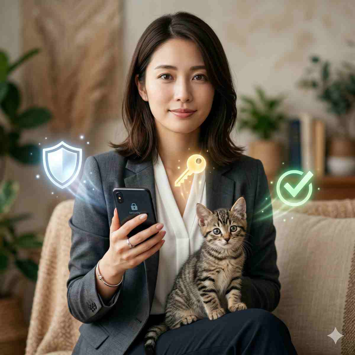 スマートフォンを手にする信頼感のある20代日本人女性と、膝の上に乗った可愛い子猫、そして守護を意味する盾と鍵のアイコン
