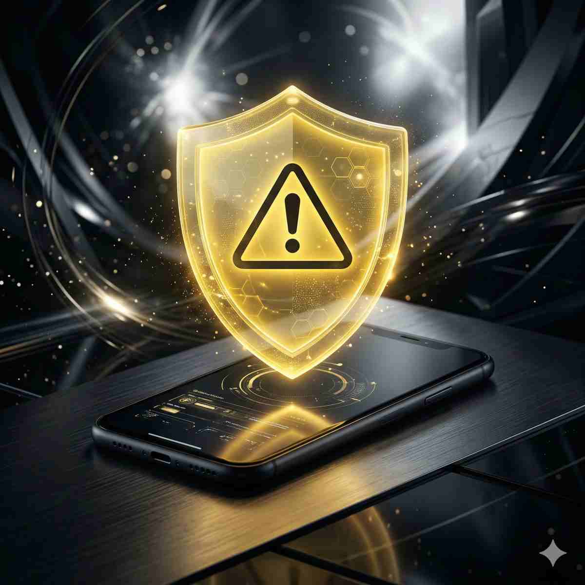共有のリスクと注意点をイメージした、スマートフォンの上の黄色い警告シールド
