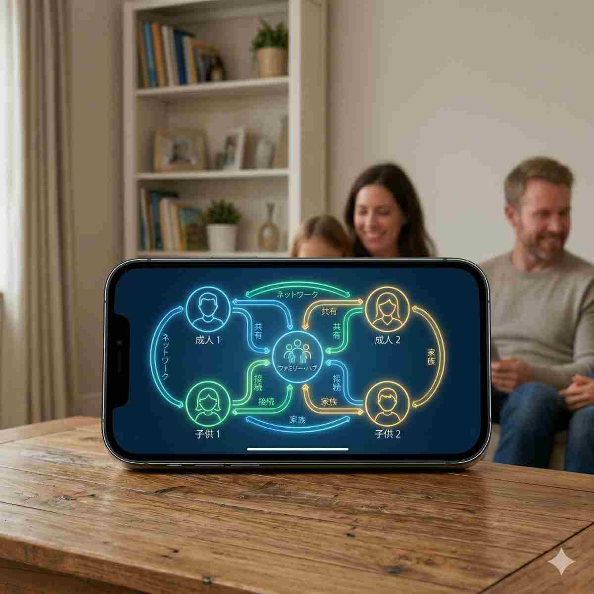 iCloud家族共有の設定手順をイメージした、木のテーブルの上のスマートフォンとネットワーク接続のインフォグラフィック
