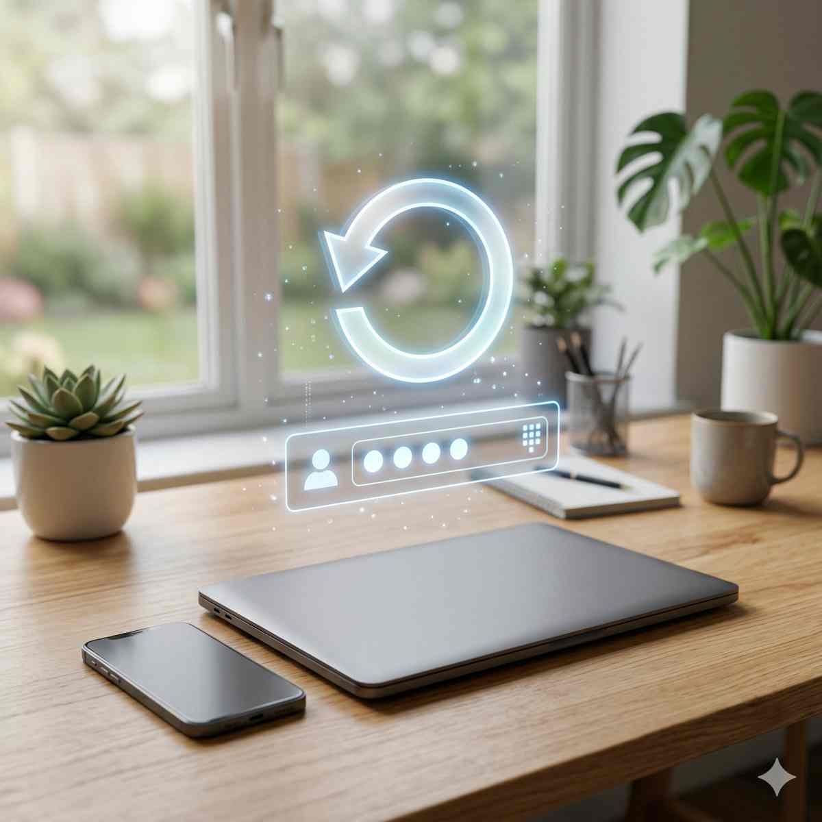 書斎のデスクに置かれたスマートフォンとノートパソコンの上に、パスワードリセットをイメージした矢印と入力画面の光るアイコンが浮かんでいる様子
