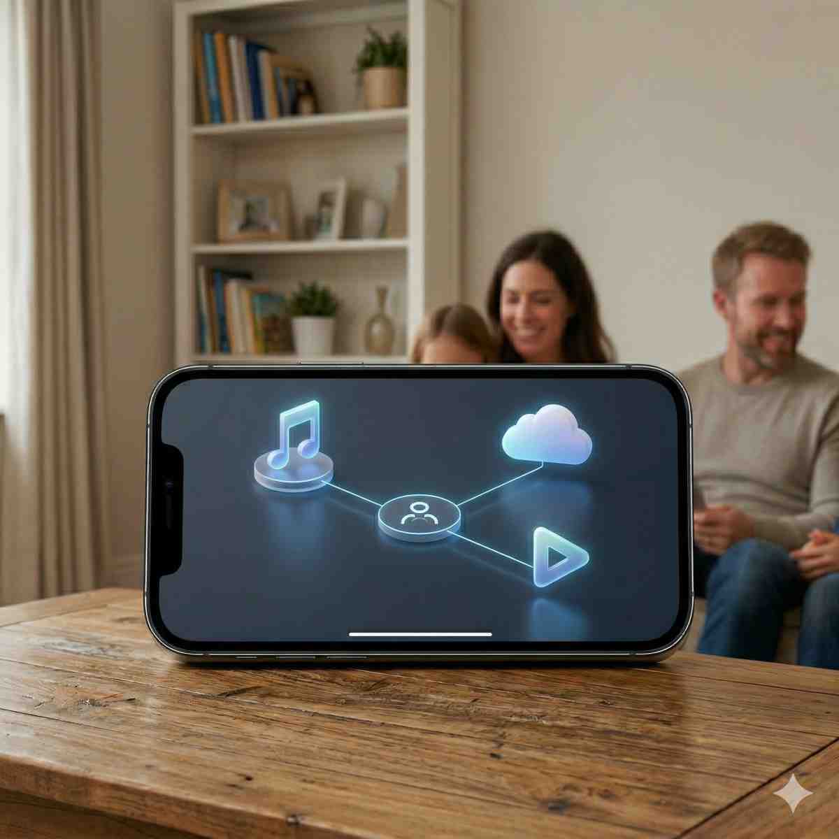 iCloud家族共有の基本機能（音楽、ストレージ、映画）を象徴するアイコンが繋がったインフォグラフィック

