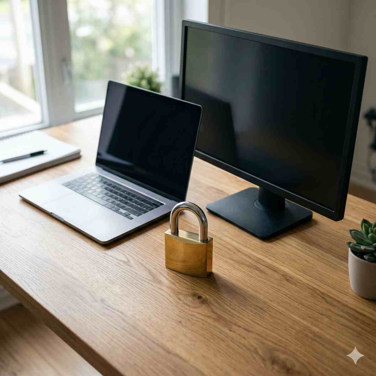 木の机の上に並んだモダンなシルバーのノートパソコンと黒いデスクトップモニター、その前に置かれた輝く金属製の南京錠、柔らかな自然光
