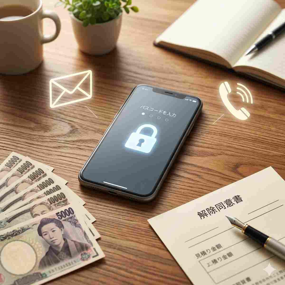 木の机の上のコンセプト写真。画面がロックされた南京錠アイコン汎用スマートフォンが中央にある。その周囲をインフォグラフィック要素が囲んでいる：日本円の紙幣、様式化された契約書、メールアイコン、電話アイコン。温かい照明。ロゴなし。

