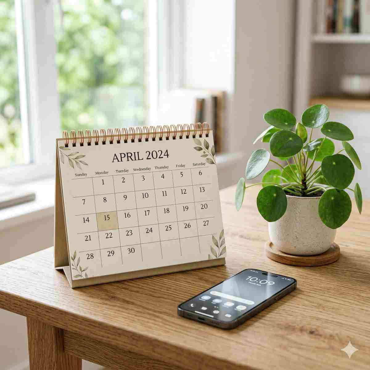 デスクトップカレンダーとスマートフォンと観葉植物が置かれた明るいデスク