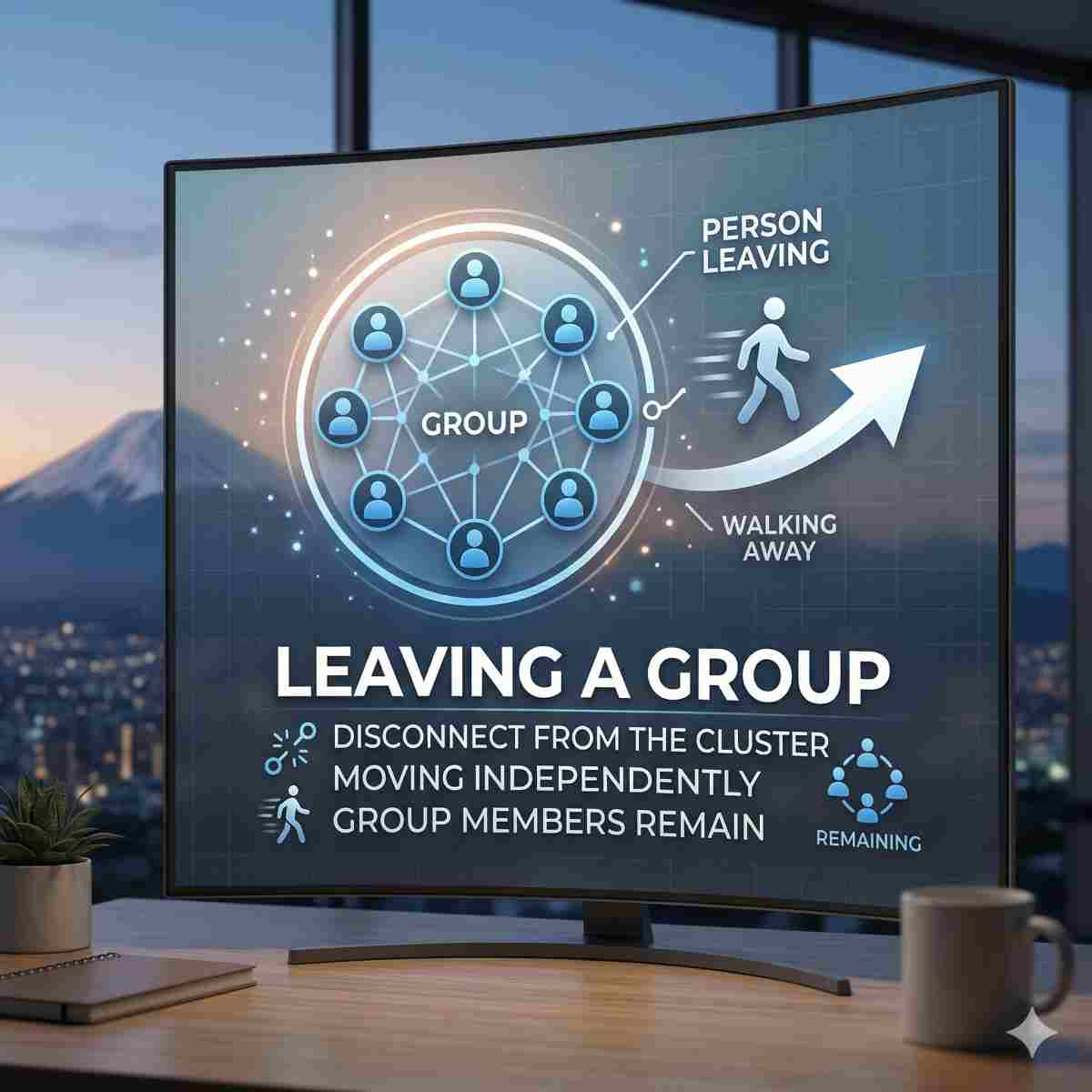 グループ解除をイメージした、輪から離れていく人物アイコンのインフォグラフィック