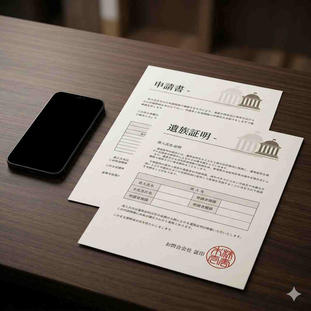 プロフェッショナルな濃い色の机の上のコンセプト写真。汎用スマートフォンの横に、日本語のテキスト見出し例：申請書、遺族証明が付いた様式化された公式に見える書類がある。裁判所のアイコンと公式の官印スタンプが統合されている。厳粛で信頼できる照明。