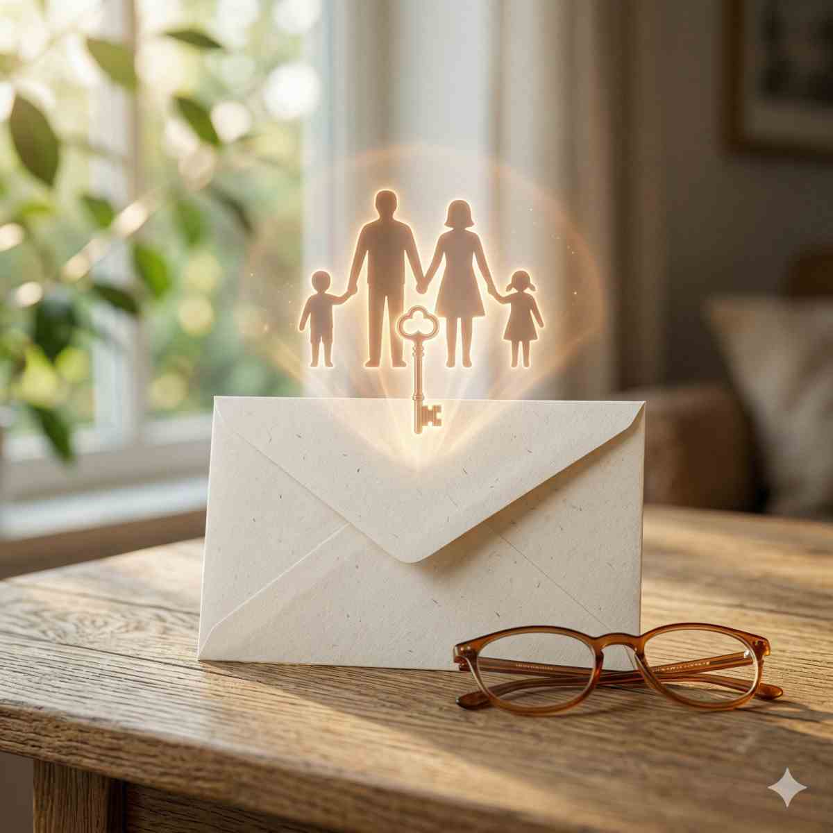 家族への想いを込めた封筒と、その上に浮かぶ家族のシルエットと鍵の温かい光のアイコン