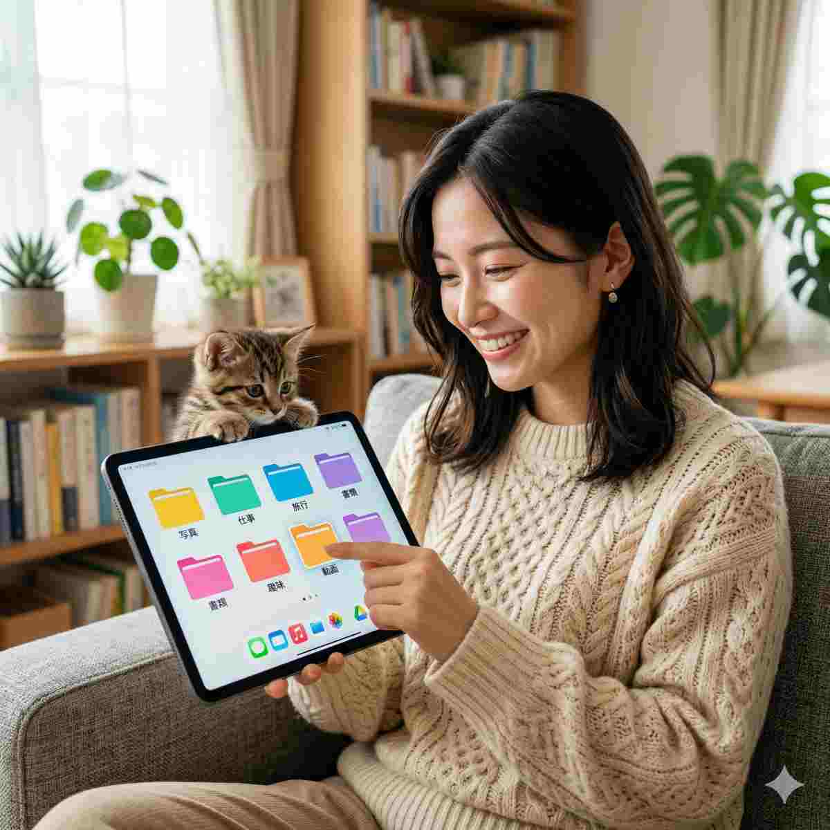 タブレット上でカラフルなデジタルフォルダを楽しく整理している20代日本人女性と、タブレットの端から顔を覗かせる可愛い子猫、居心地の良い明るいリビング
